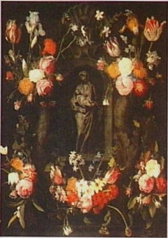 Garland of flowers around grisaille of Maria and Child