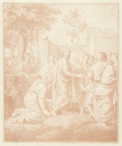 Geknielde vrouw grijpt de mantel van Christus by Louis Fabritius Dubourg