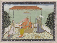 God Ganesa (Ganapati) met olifantslurf met zijn twee dienaressen Siddhi en Buddhi onder een balkijn gezeten by Unknown Artist