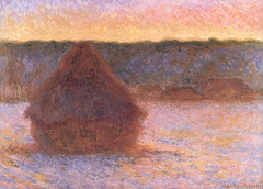 Haystacks at sunset, frosty weather
