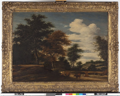 Heuvelig landschap met vee en een boerenwoning by Salomon van Ruysdael