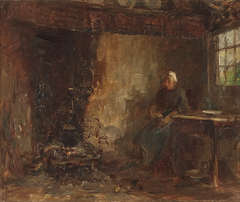 Interieur met boerenvrouw by Henricus Johannes Melis