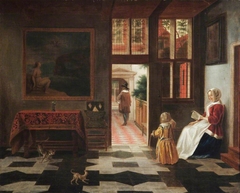 Interior with a woman reading and and a child with a hoop by Pieter de Hooch