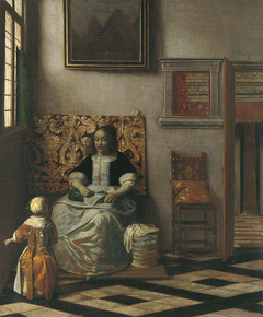 Interior with a Woman sewing and a Child