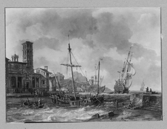 Italienischer Hafen mit Segelschiffen und Staffage
