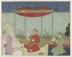 Jahangir zittend onder een baldakijn op een terras by Unknown Artist