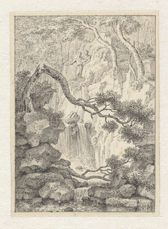 Klein landschap met twee mannen bij een waterval by Johannes de Bosch