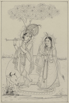 Krishna, die op een fluit speelt, en Radha by Unknown Artist