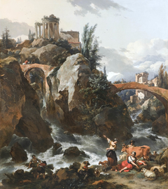 Landscape with a waterfall and the Temple of the Sibyl at Tivoli by Nicolaes Pieterszoon Berchem