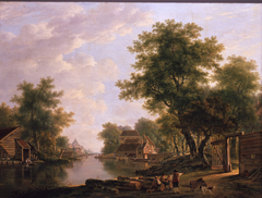 Landschap met rivier en geboomte in de omgeving van Dordrecht by Jacob van Strij
