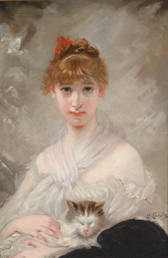 Mädchen mit weißem Tuch und Katze im Arm by Charles Joshua Chaplin