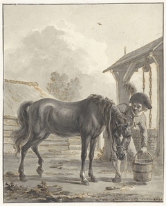 Man laat een paard uit een emmer drinken by Jan Anthonie Langendijk Dzn
