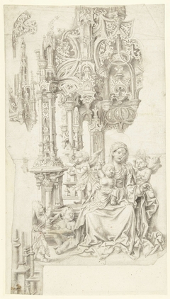 Maria met kind gezeten op een troon omringd door musicerende engelen by Unknown Artist