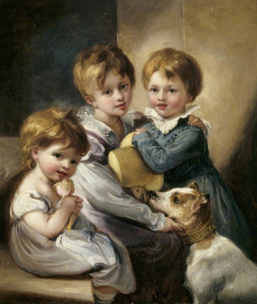 Mary Elizabeth Elton (1816-1840),  Jane Octavia Elton, later Mrs William Brookfield (1821-1896) and Arthur Hallam Elton later Sir Arthur Hallam Elton, 7th Bt MP (1818-1883) with their dog 'Rob Roy'