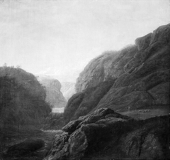 Norwegian Landscape with a River and a Waterfall between Rocks