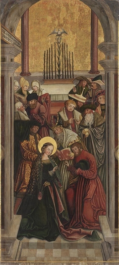 Rechter Altarflügel, Innenseite: Vermählung Mariens Rückseite: Rosenkranz