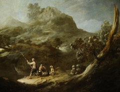 Rocky Wooded Landscape with Two Fisherboys and a Dog by attributed to Ignacio De Iriarte