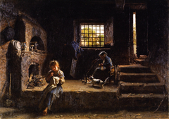 Rustic interior with peasant women by Filippo Palizzi