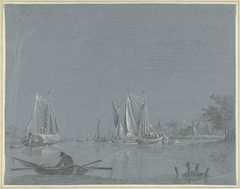 Schuiten op het water, op de voorgrond een roeibootje by Unknown Artist