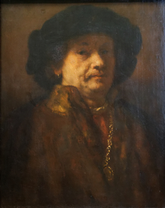 Self portrait in a fur coat with gold chain and earring by Rembrandt