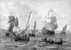 Skibe og robåde på havet ud for Amsterdam by Abraham Storck