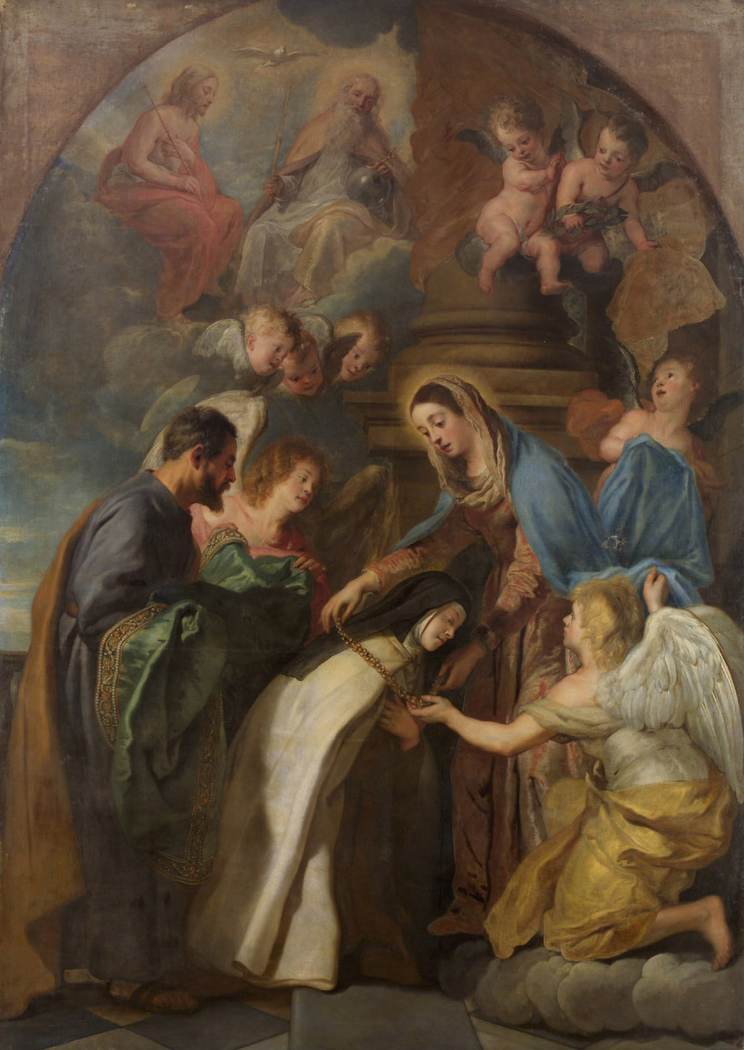 St Theresa receiving a gold chain and a mantle embroidered with gold from the Virgin