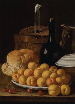 Still life with a plate of apricots, cherries, bread, a wine cooler and receptacles