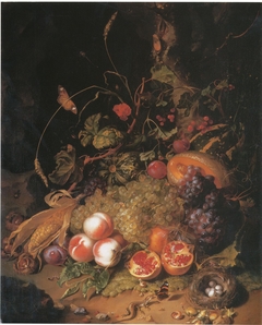 Still-life with fruit, a nest and a lizard by Rachel Ruysch