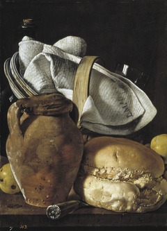 Still life with jug, bread and basket with tableware by Luis Egidio Meléndez