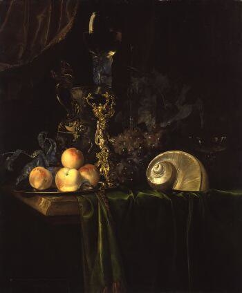 Still life with luxury vessels and fruits on a dark table cloth