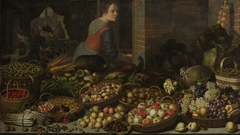 Stilleven met vruchten en groenten met op de achtergrond Christus en de Emmaüsgangers by Floris van Schooten