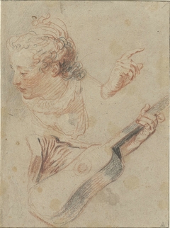 Studieblad met een neerziend meisjeskopje, een gitaar en de handen die ze bespelen by Antoine Watteau