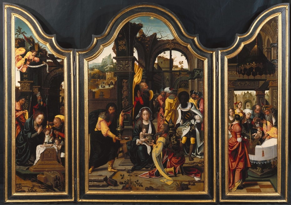 The Adoration of the Magi; left panel: The Nativity; right panel: The Presentation in the Temple