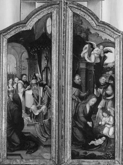 The presentation in the temple  (inside) and the annunciation (outside) by Master of the Antwerp Adoration