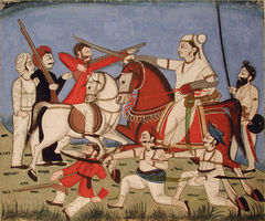The Rani of Jhansi on horseback kills an Englishman with her sword, while one of by Anonymous
