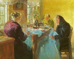 Three old women sewing a blue dress for a fancy dress ball