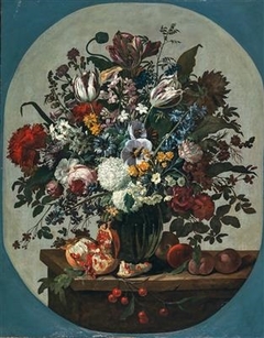 Tulips, hydrangeas, and peonies in a vase with pomegranates by Gaspar Peeter Verbruggen the Elder