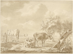 Twee koeien en een paard in een weiland met knotwilgen by Gillis Smak Gregoor