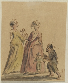 Twee rijk geklede vrouwen met elk een kind en een bedelaar by Unknown Artist