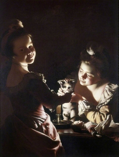 Two Girls Dressing a Kitten by Candlelight by Joseph Wright of Derby