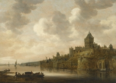 Valkhof at Nijmegen, with a Coach on a Ferry on the river Waal by Jan van Goyen
