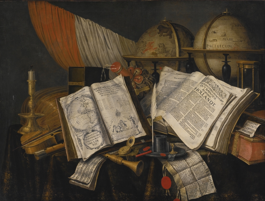 Vanitas Still Life with a Candlestick, Musical Instruments, Dutch Books, a Writing Set, an Astrological and a Terrestial Globe and an Hourglass, All on a Draped Table