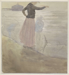 Vrouw met twee kinderen en een hondje aan het strand