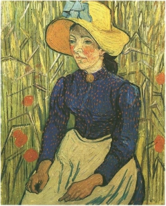 Young Peasant Woman with Straw Hat Sitting in the Wheat by Vincent van Gogh