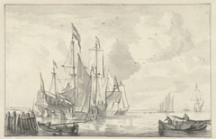 Zeegezicht met enkele schepen in kalm water bij de kust by Willem van de Velde II