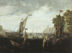 Zeilschepen op een rivier by Cornelis Claesz van Wieringen