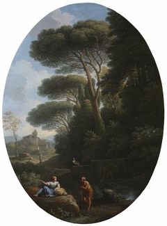 A Classical Landscape with a Man and a Woman conversing by Jan Frans van Bloemen