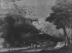 A Hilly Landscape with two Men on Horseback Galloping