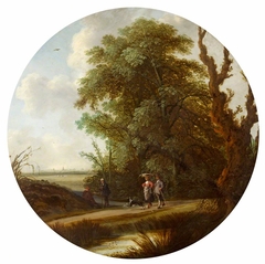 A Landscape with Figures passing a Pond and a Resting Traveller, a View of Overschie and Rotterdam beyond by Willem van den Bundel