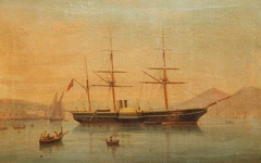 A paddle frigate at anchor off Naples by Antonio de Simone the Elder